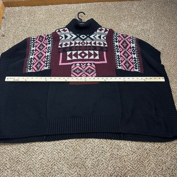 Cynthia Rowley Black Lambs Wool Blend Oversized Sweater Poncho M Aztec - Picture 9 of 10